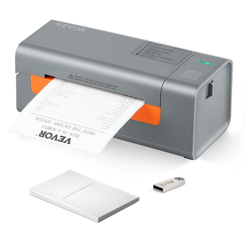 VEVOR termodrukas etiķešu printeris, 203 DPI, 60 gab./min, 4×6 sūtījumu etiķetēm, USB savienojums, automātiska etiķešu atpazīšana, saderīgs ar Windows, macOS, Linux, Amazon, eBay, Etsy, UPS u.c., pelēks