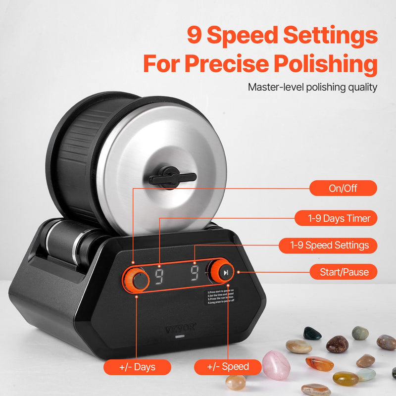 VEVOR 4 kg Akmeņu Tumbleris, 9 Ātrumi, 9 Dienu Taimeris ar Slīpēšanas Smiltīm