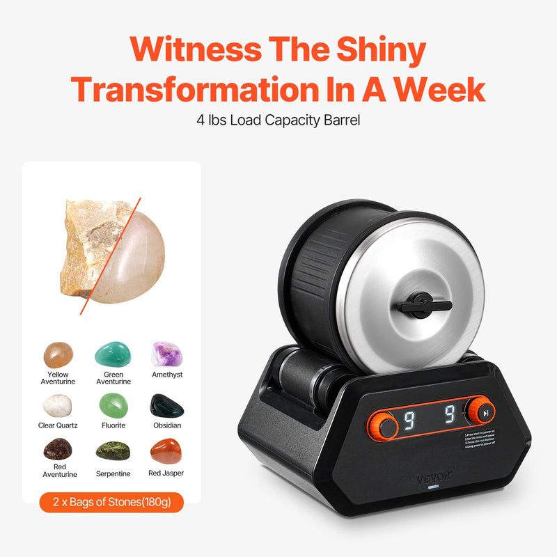 VEVOR 4 kg Akmeņu Tumbleris, 9 Ātrumi, 9 Dienu Taimeris ar Slīpēšanas Smiltīm