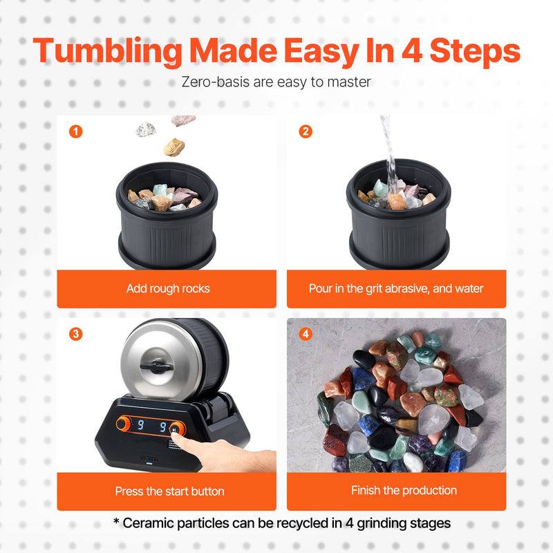 VEVOR 4 kg Akmeņu Tumbleris, 9 Ātrumi, 9 Dienu Taimeris ar Slīpēšanas Smiltīm