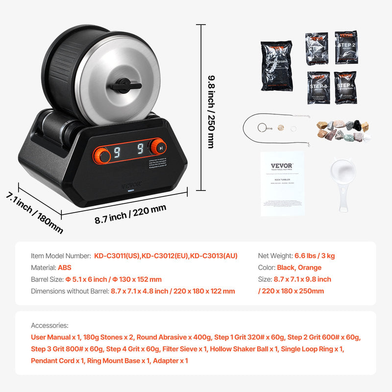 VEVOR 4 kg Akmeņu Tumbleris, 9 Ātrumi, 9 Dienu Taimeris ar Slīpēšanas Smiltīm