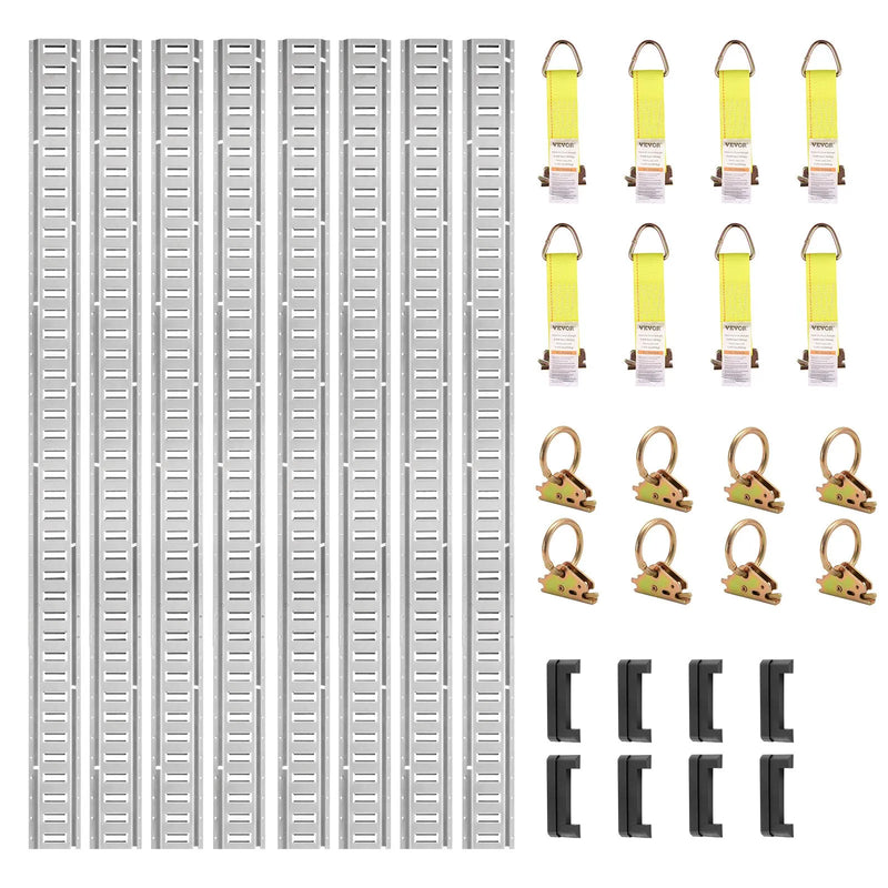 E-sliedes stiprināšanas komplekts, 34 gab., 1,52 m, ietver 8 tērauda sliedes, 2 vienvietīgās ligzdas, 8 O-veida gredzenus, 8 stiprinājumus ar D-veida gredzenu un 8 gala vāciņus, paredzēts kravas, motociklu un velosipēdu nostiprināšanai
