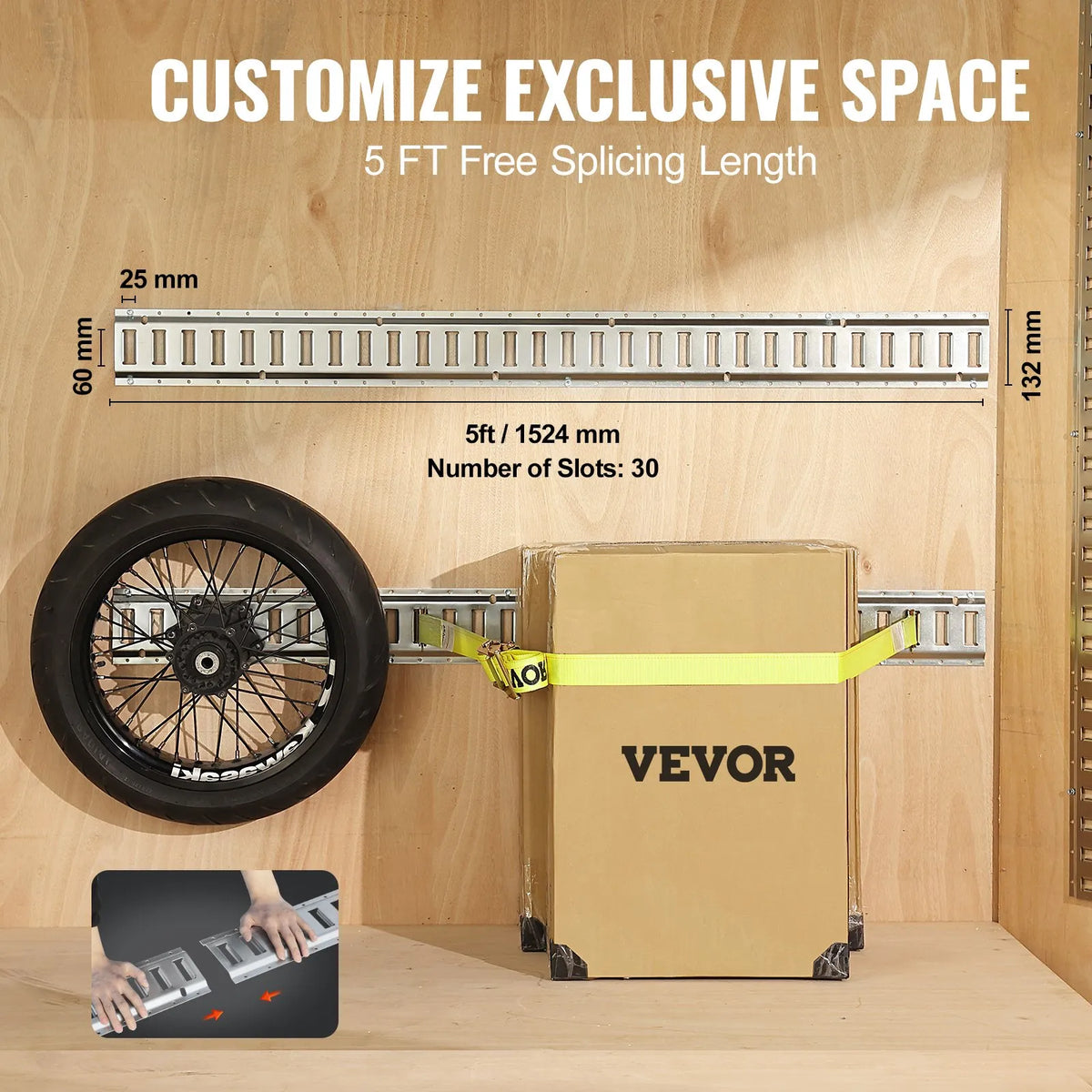E-track Fastening Kit, 34 pcs, 1.52 m, includes 8 steel rails, 2 single socket anchors, 8 O-rings, 8 D-ring fasteners and 8 end caps, for cargo, motorcycle and bicycle securing