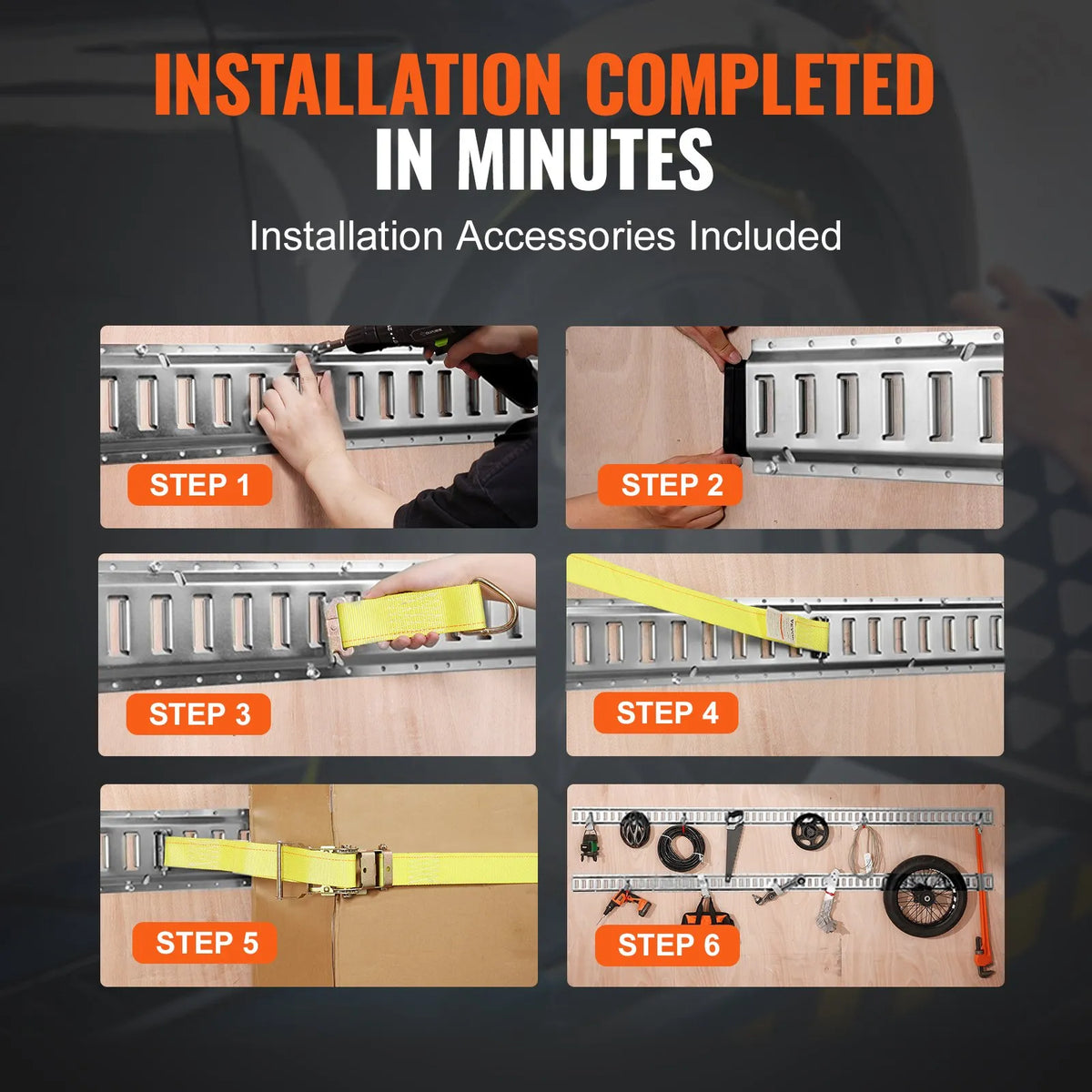 E-track Fastening Kit, 34 pcs, 1.52 m, includes 8 steel rails, 2 single socket anchors, 8 O-rings, 8 D-ring fasteners and 8 end caps, for cargo, motorcycle and bicycle securing