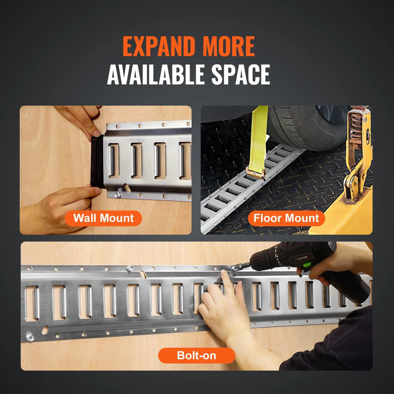 E-sliedes stiprināšanas komplekts, 34 gab., 1,52 m, ietver 8 tērauda sliedes, 2 vienvietīgās ligzdas, 8 O-veida gredzenus, 8 stiprinājumus ar D-veida gredzenu un 8 gala vāciņus, paredzēts kravas, motociklu un velosipēdu nostiprināšanai