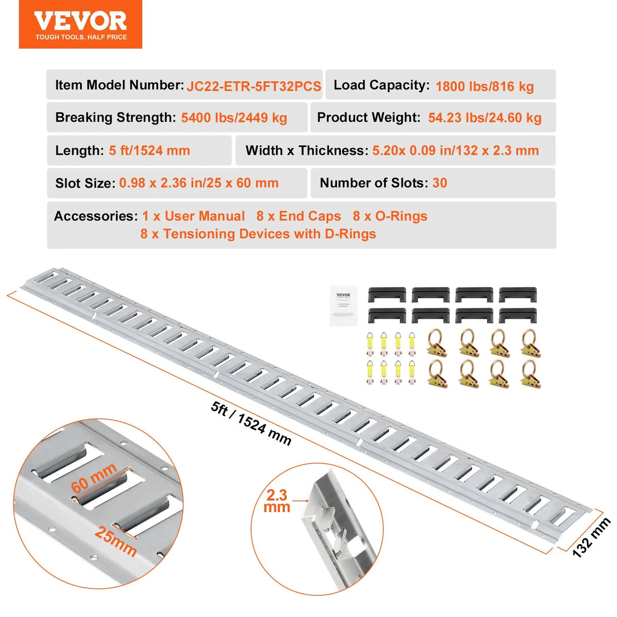 E-track Fastening Kit, 34 pcs, 1.52 m, includes 8 steel rails, 2 single socket anchors, 8 O-rings, 8 D-ring fasteners and 8 end caps, for cargo, motorcycle and bicycle securing
