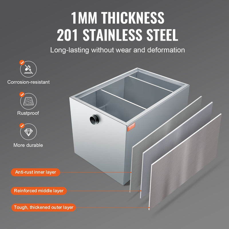 VEVOR komerciālais tauku savācējs, 18 kg, nerūsējošā tērauda, 37,85 l/min, zem izlietnes