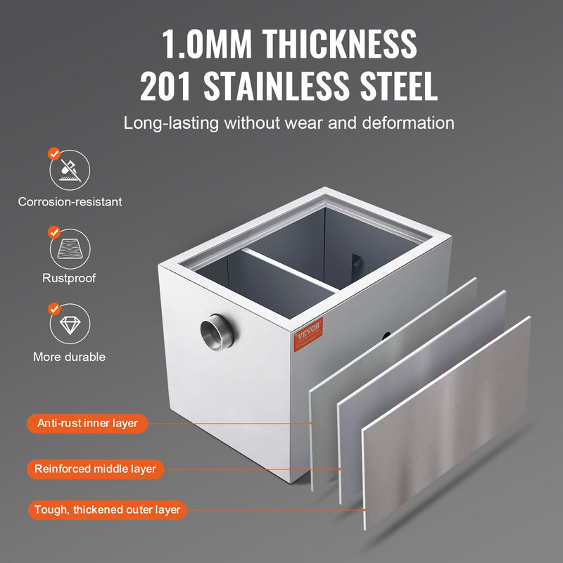 Tirdznieciskais tauku trauks VEVOR, 3,6 kg, nerūsējošā tērauda, ar sānu ieplūdi, 10,6 l/min eļļas un ūdens atdalītājs, piemērots restorāniem, ēdnīcām un mājas virtuvēm