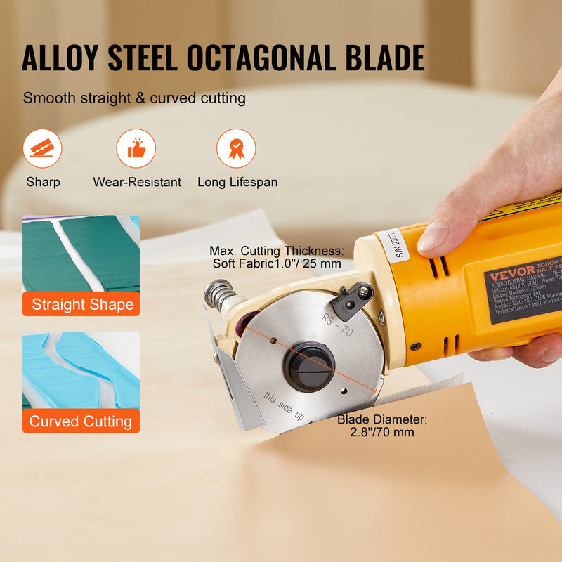 VEVOR auduma griezējs 170 W elektriskā rotējošā auduma griešanas iekārta ar 25 mm griešanas biezumu