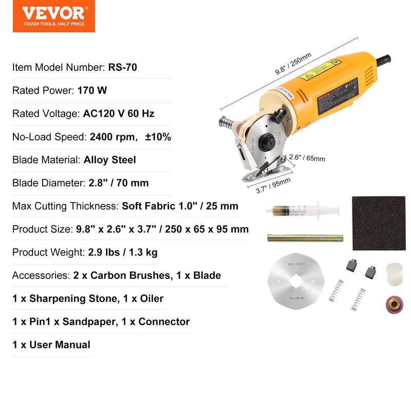 VEVOR auduma griezējs 170 W elektriskā rotējošā auduma griešanas iekārta ar 25 mm griešanas biezumu