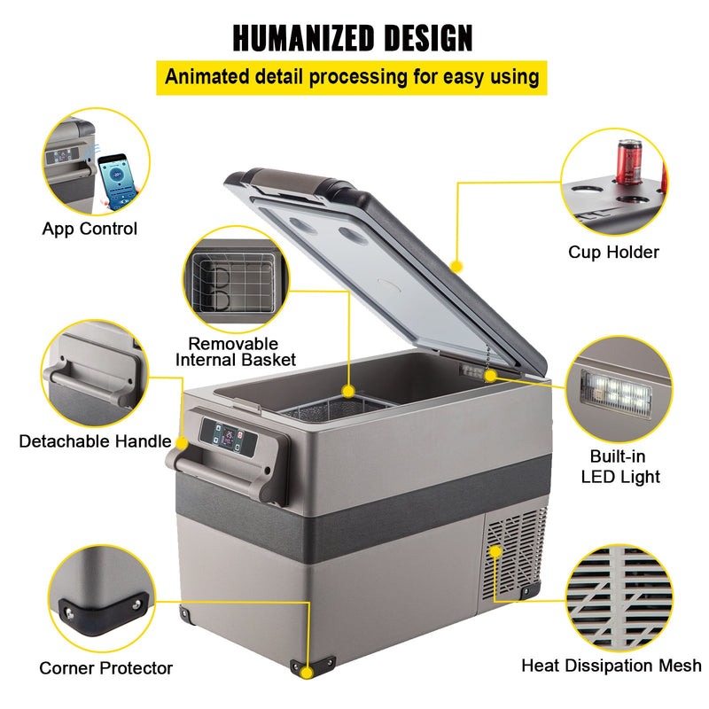 VEVOR 45W automašīnas ledusskapis/saldētava 45L, ideāls risinājums automašīnām, kravas automašīnām, treileriem, laivām, kā arī lietošanai mājās vai āra aktivitātēs, piemēram, ceļojumos, makšķerēšanā un kempingā.