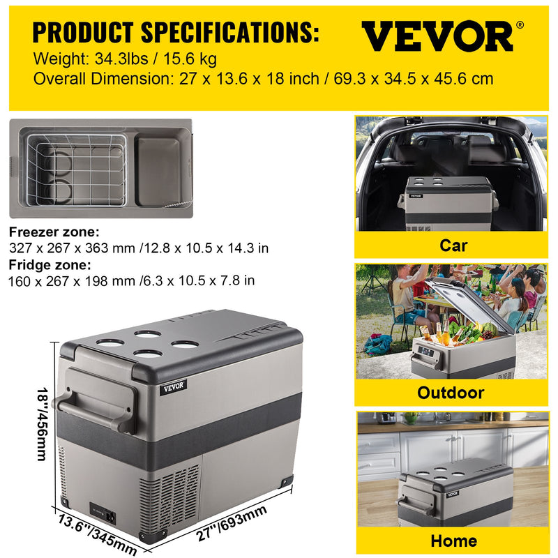 VEVOR 45W automašīnas ledusskapis/saldētava 45L, ideāls risinājums automašīnām, kravas automašīnām, treileriem, laivām, kā arī lietošanai mājās vai āra aktivitātēs, piemēram, ceļojumos, makšķerēšanā un kempingā.