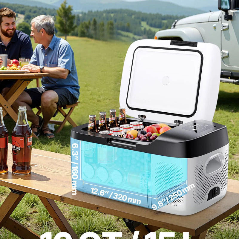 VEVOR automašīnas ledusskapis–saldētava, kompresora dzesētājs DC 12/24 V un AC 100–240 V, temperatūras diapazons −20 °C līdz +20 °C, ar lietotnes vadību, 15 l ietilpība, 60 W pārnēsājams saldētājs kemperiem, kempingam, laivām un makšķerēšanai