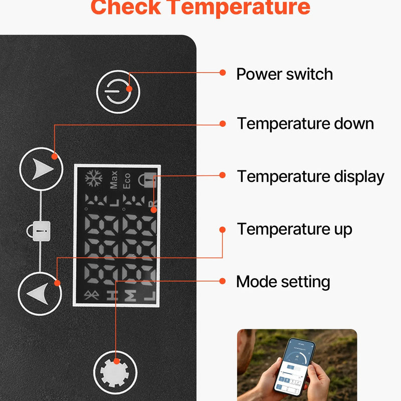 VEVOR automašīnas ledusskapis–saldētava, kompresora dzesētājs DC 12/24 V un AC 100–240 V, temperatūras diapazons −20 °C līdz +20 °C, ar lietotnes vadību, 15 l ietilpība, 60 W pārnēsājams saldētājs kemperiem, kempingam, laivām un makšķerēšanai
