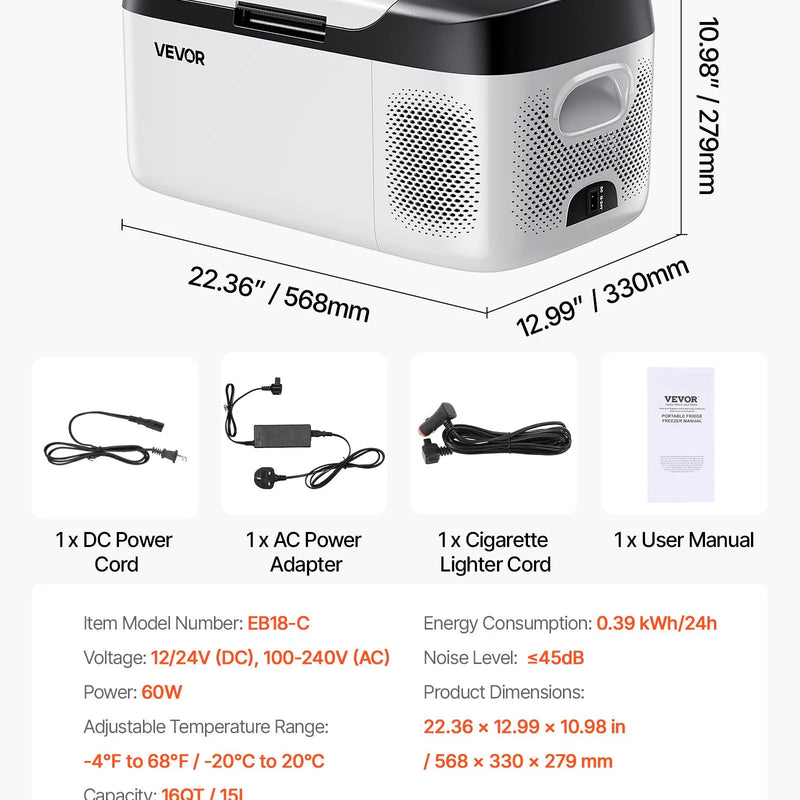 VEVOR automašīnas ledusskapis–saldētava, kompresora dzesētājs DC 12/24 V un AC 100–240 V, temperatūras diapazons −20 °C līdz +20 °C, ar lietotnes vadību, 15 l ietilpība, 60 W pārnēsājams saldētājs kemperiem, kempingam, laivām un makšķerēšanai