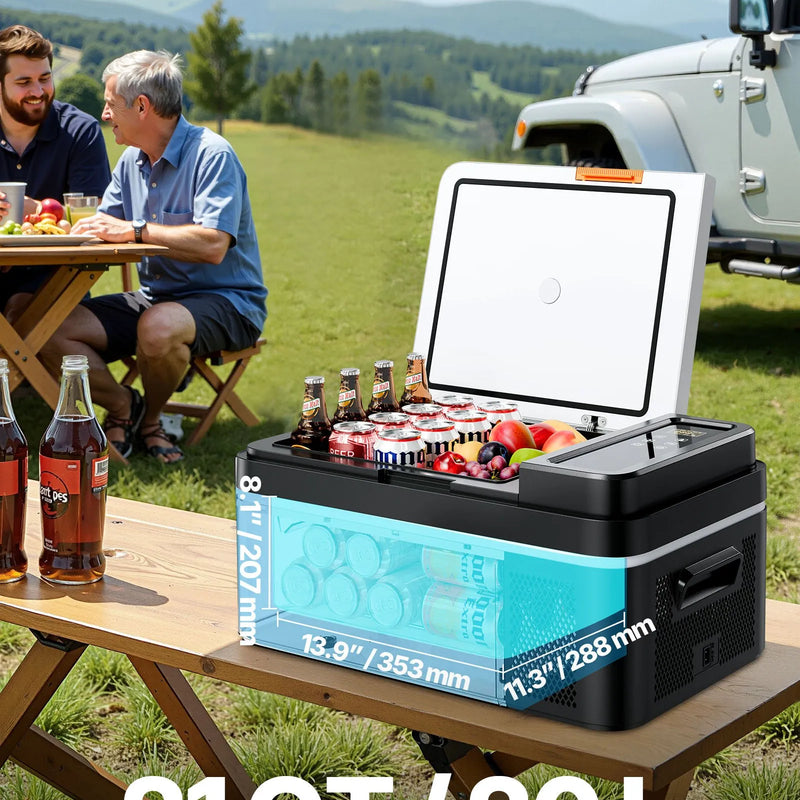 VEVOR automašīnas ledusskapis–saldētava, kompresora dzesētājs DC 12/24 V un AC 100–240 V, temperatūras diapazons −20 °C līdz +20 °C, ar lietotnes vadību, 20 l ietilpība, 60 W pārnēsājams saldētājs kemperiem, kempingam, laivām un makšķerēšanai