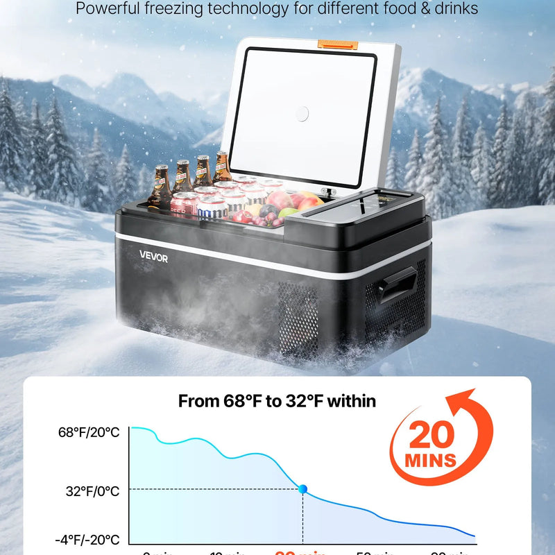 VEVOR automašīnas ledusskapis–saldētava, kompresora dzesētājs DC 12/24 V un AC 100–240 V, temperatūras diapazons −20 °C līdz +20 °C, ar lietotnes vadību, 20 l ietilpība, 60 W pārnēsājams saldētājs kemperiem, kempingam, laivām un makšķerēšanai