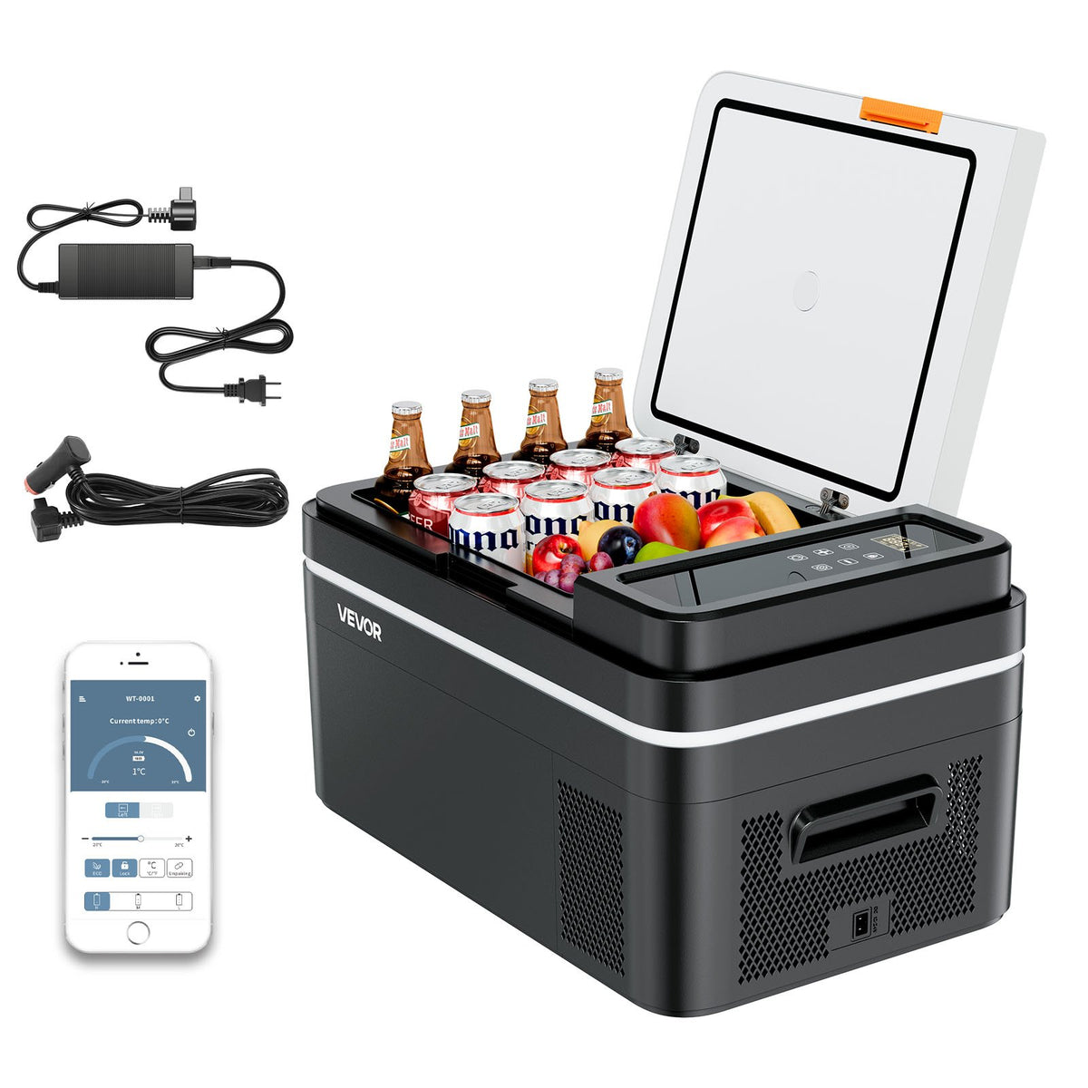 22L VEVOR automašīnas ledusskapis–saldētava, kompresora dzesētājs DC 12/24 V un AC 100–240 V, temperatūras diapazons −20 °C līdz +20 °C, ar lietotnes vadību, 22 l ietilpība, 45 W pārnēsājams saldētājs kemperiem, kempingam, laivām un makšķerēšanai