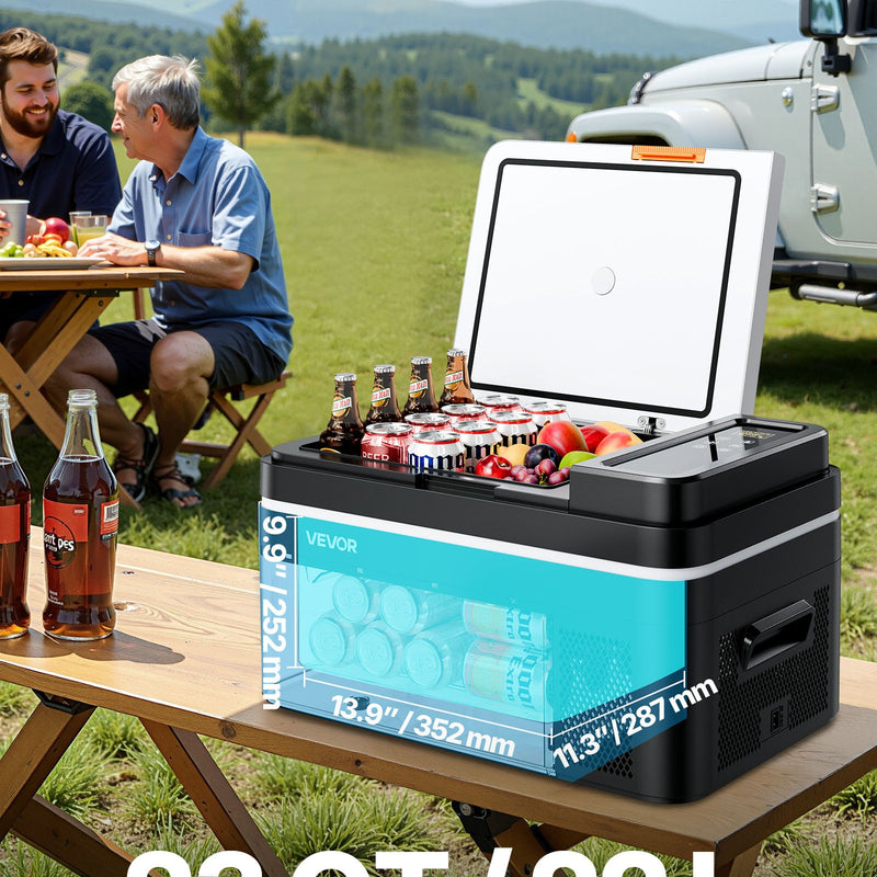 VEVOR automašīnas ledusskapis–saldētava, kompresora dzesētājs DC 12/24 V un AC 100–240 V, temperatūras diapazons −20 °C līdz +20 °C, ar lietotnes vadību, 22 l ietilpība, 45 W pārnēsājams saldētājs kemperiem, kempingam, laivām un makšķerēšanai