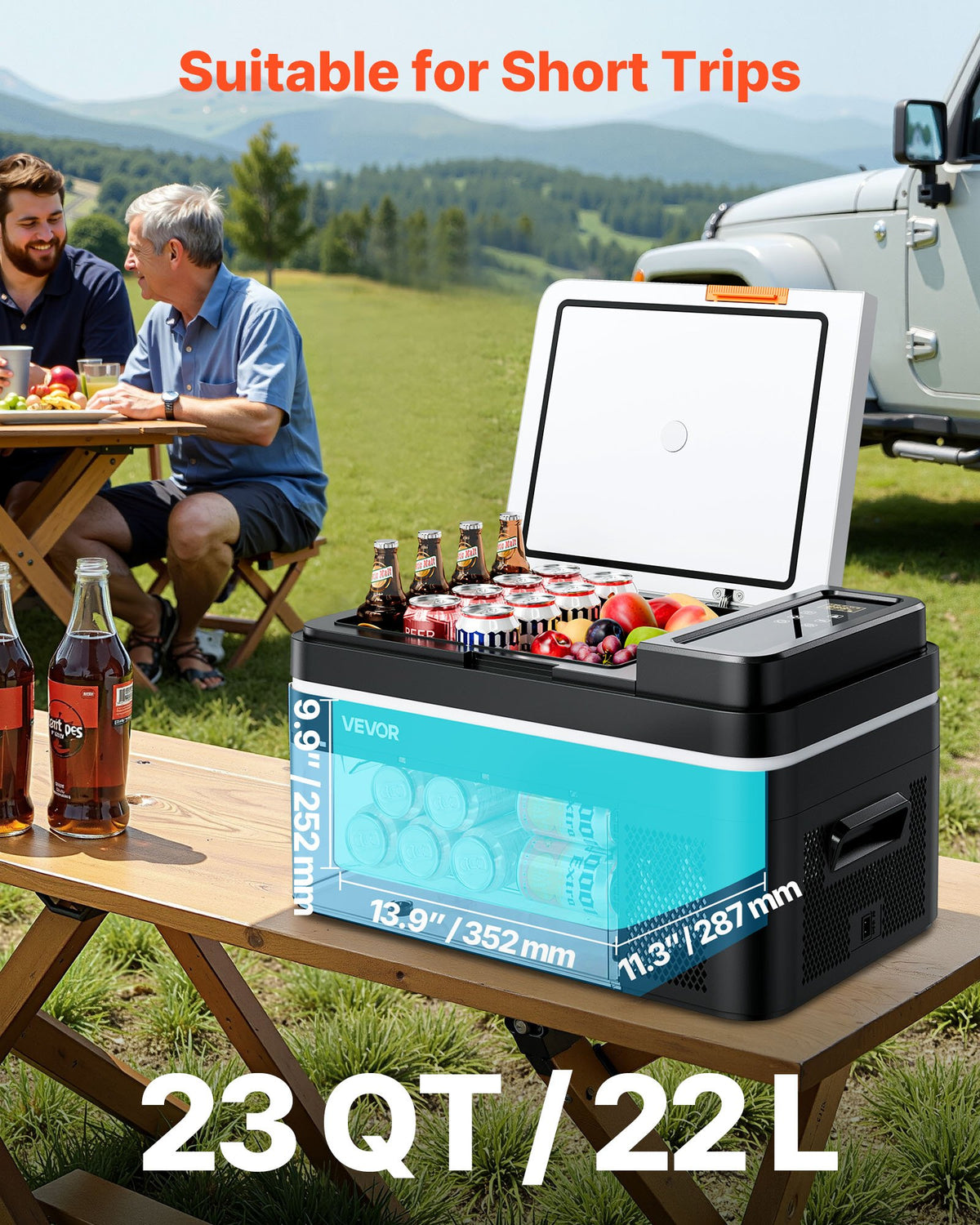 22L VEVOR automašīnas ledusskapis–saldētava, kompresora dzesētājs DC 12/24 V un AC 100–240 V, temperatūras diapazons −20 °C līdz +20 °C, ar lietotnes vadību, 22 l ietilpība, 45 W pārnēsājams saldētājs kemperiem, kempingam, laivām un makšķerēšanai