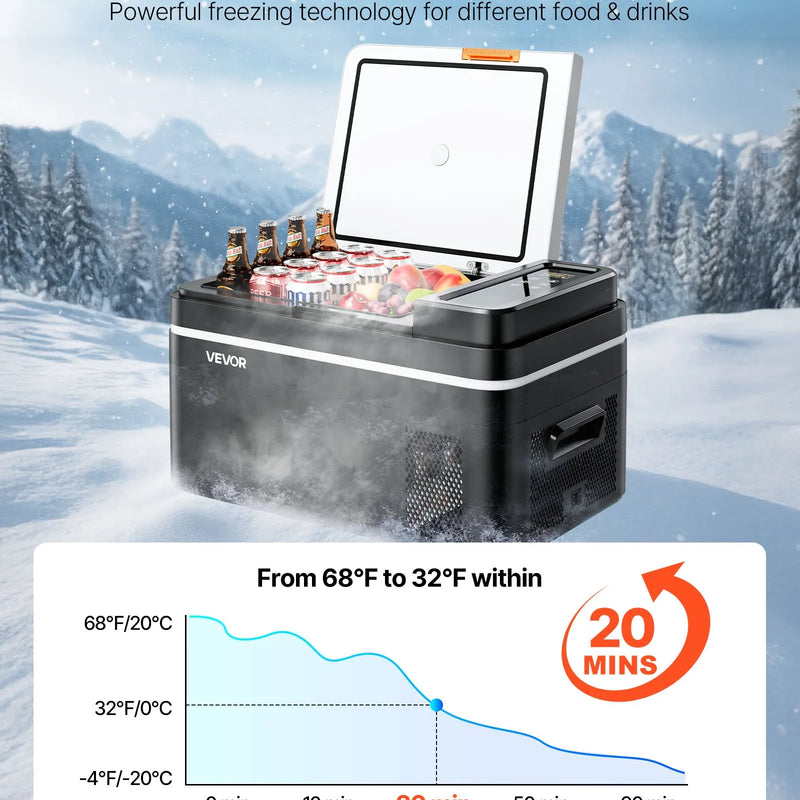 VEVOR automašīnas ledusskapis–saldētava, kompresora dzesētājs DC 12/24 V un AC 100–240 V, temperatūras diapazons −20 °C līdz +20 °C, ar lietotnes vadību, 22 l ietilpība, 45 W pārnēsājams saldētājs kemperiem, kempingam, laivām un makšķerēšanai