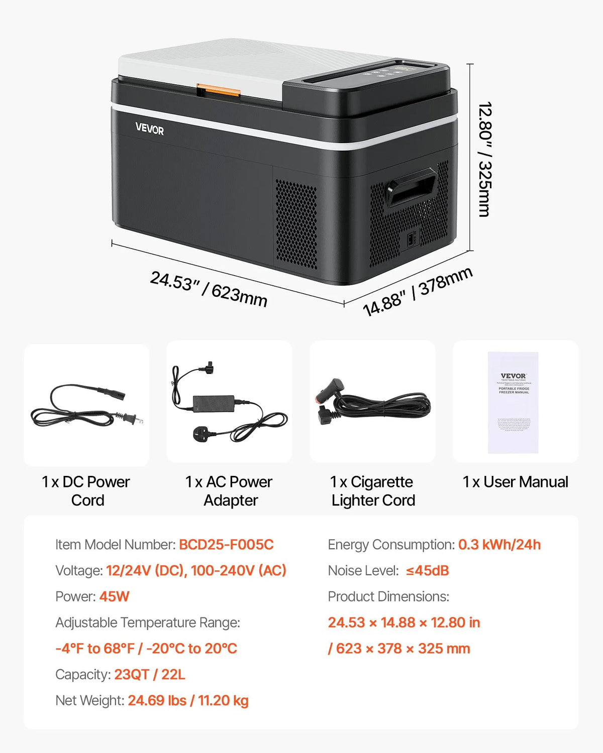 22L VEVOR automašīnas ledusskapis–saldētava, kompresora dzesētājs DC 12/24 V un AC 100–240 V, temperatūras diapazons −20 °C līdz +20 °C, ar lietotnes vadību, 22 l ietilpība, 45 W pārnēsājams saldētājs kemperiem, kempingam, laivām un makšķerēšanai