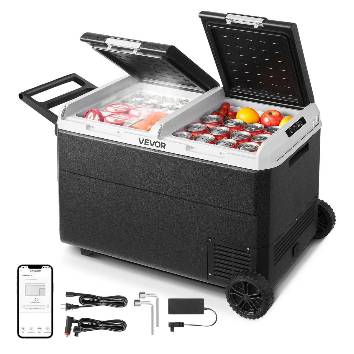 VEVOR 12 V auto ledusskapis 95 l ar divām zonām, portatīvs kompresora dzesētājs ar riteņiem un rokturi, regulējama temperatūra no - 20 °C līdz 20 °C, 12/24 V DC un 100–240 V AC kempingam, ceļošanai un kemperiem - ZEMLETES.LV