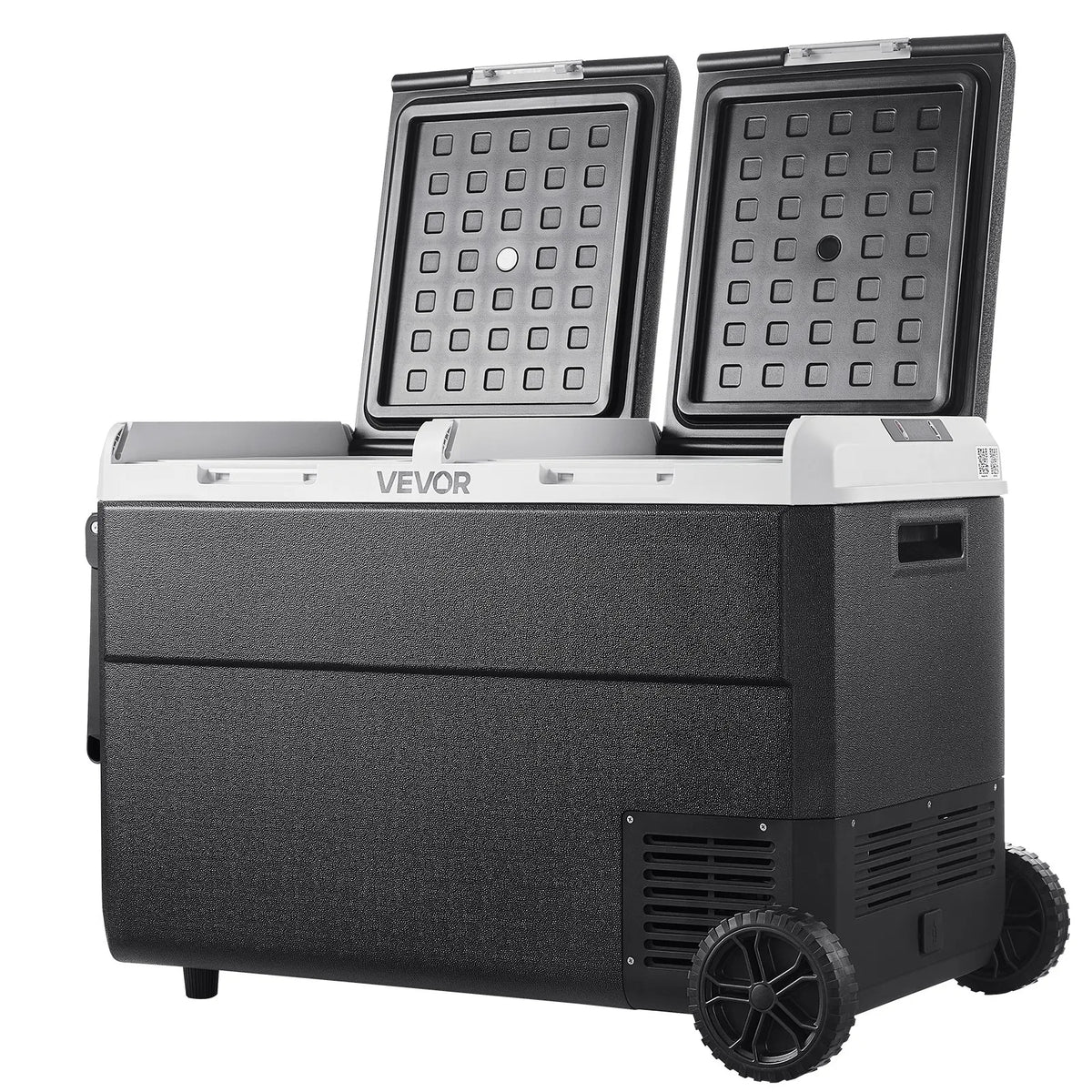 VEVOR 12 V auto ledusskapis 95 l ar divām zonām, portatīvs kompresora dzesētājs ar riteņiem un rokturi, regulējama temperatūra no - 20 °C līdz 20 °C, 12/24 V DC un 100–240 V AC kempingam, ceļošanai un kemperiem - ZEMLETES.LV
