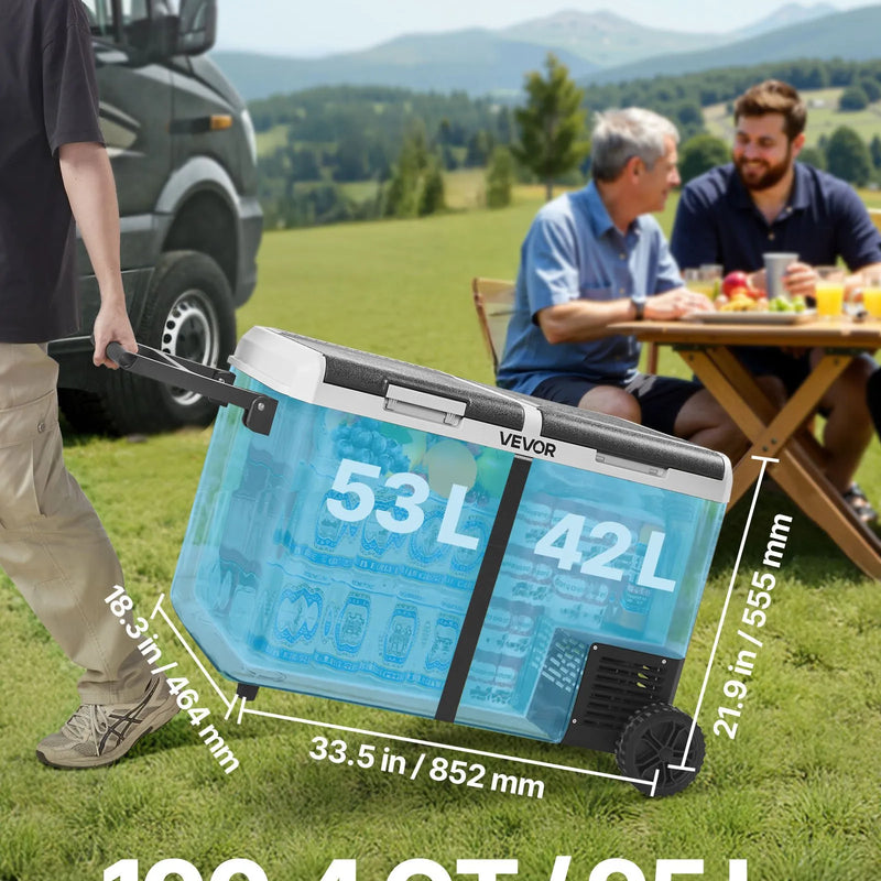 VEVOR 12 V auto ledusskapis 95 l ar divām zonām, portatīvs kompresora dzesētājs ar riteņiem un rokturi, regulējama temperatūra no - 20 °C līdz 20 °C, 12/24 V DC un 100–240 V AC kempingam, ceļošanai un kemperiem - ZEMLETES.LV