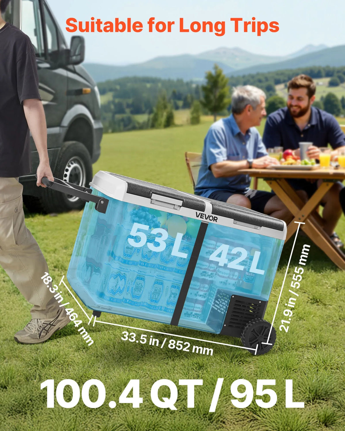 VEVOR 12 V auto ledusskapis 95 l ar divām zonām, portatīvs kompresora dzesētājs ar riteņiem un rokturi, regulējama temperatūra no - 20 °C līdz 20 °C, 12/24 V DC un 100–240 V AC kempingam, ceļošanai un kemperiem - ZEMLETES.LV