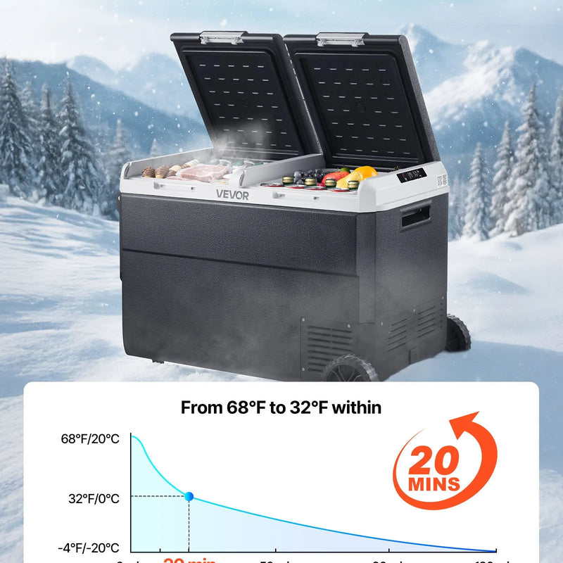 VEVOR 12 V auto ledusskapis 95 l ar divām zonām, portatīvs kompresora dzesētājs ar riteņiem un rokturi, regulējama temperatūra no - 20 °C līdz 20 °C, 12/24 V DC un 100–240 V AC kempingam, ceļošanai un kemperiem - ZEMLETES.LV