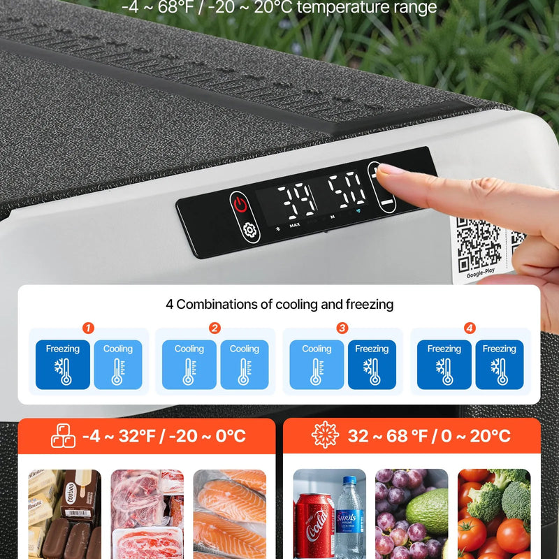 VEVOR 12 V auto ledusskapis 95 l ar divām zonām, portatīvs kompresora dzesētājs ar riteņiem un rokturi, regulējama temperatūra no - 20 °C līdz 20 °C, 12/24 V DC un 100–240 V AC kempingam, ceļošanai un kemperiem - ZEMLETES.LV