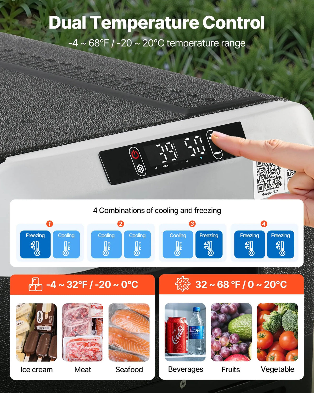 VEVOR 12 V auto ledusskapis 95 l ar divām zonām, portatīvs kompresora dzesētājs ar riteņiem un rokturi, regulējama temperatūra no - 20 °C līdz 20 °C, 12/24 V DC un 100–240 V AC kempingam, ceļošanai un kemperiem - ZEMLETES.LV