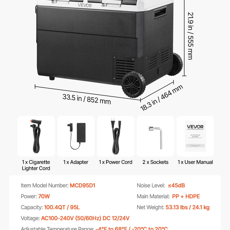 VEVOR 12 V auto ledusskapis 95 l ar divām zonām, portatīvs kompresora dzesētājs ar riteņiem un rokturi, regulējama temperatūra no - 20 °C līdz 20 °C, 12/24 V DC un 100–240 V AC kempingam, ceļošanai un kemperiem - ZEMLETES.LV