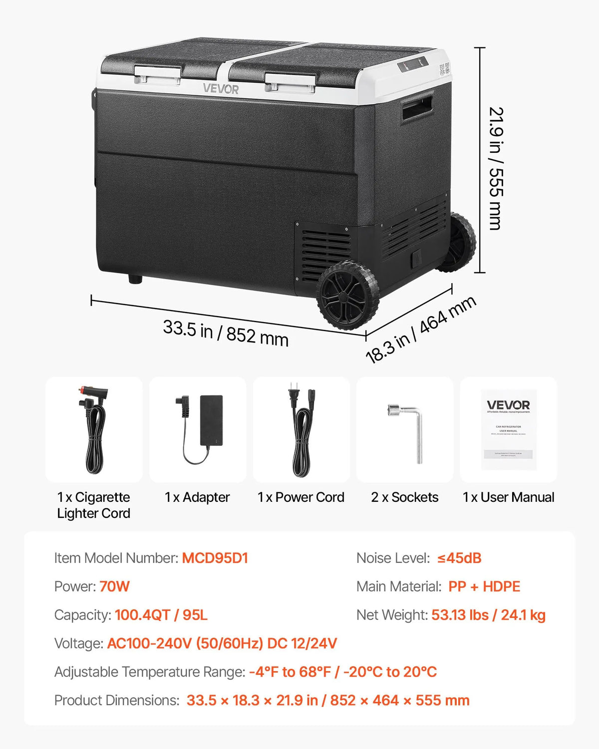 VEVOR 12 V auto ledusskapis 95 l ar divām zonām, portatīvs kompresora dzesētājs ar riteņiem un rokturi, regulējama temperatūra no - 20 °C līdz 20 °C, 12/24 V DC un 100–240 V AC kempingam, ceļošanai un kemperiem - ZEMLETES.LV