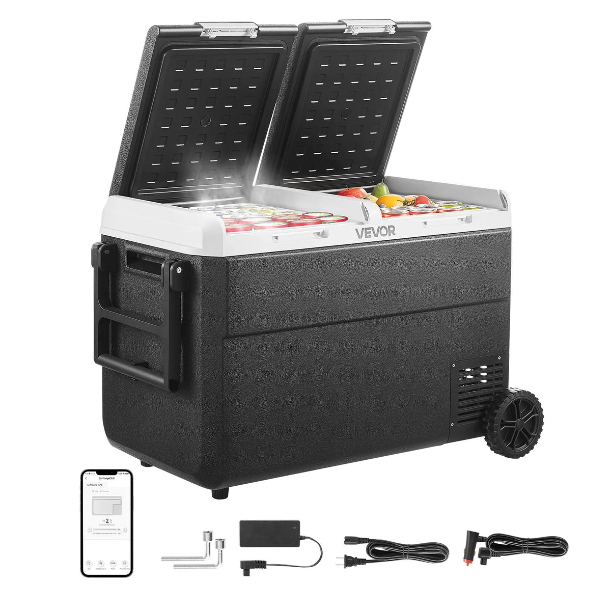 VEVOR 12 V auto ledusskapis 95 l ar divām zonām, portatīvs kompresora dzesētājs ar riteņiem un rokturi, regulējama temperatūra no - 20 °C līdz 20 °C, 12/24 V DC un 100–240 V AC kempingam, ceļošanai un kemperiem - ZEMLETES.LV