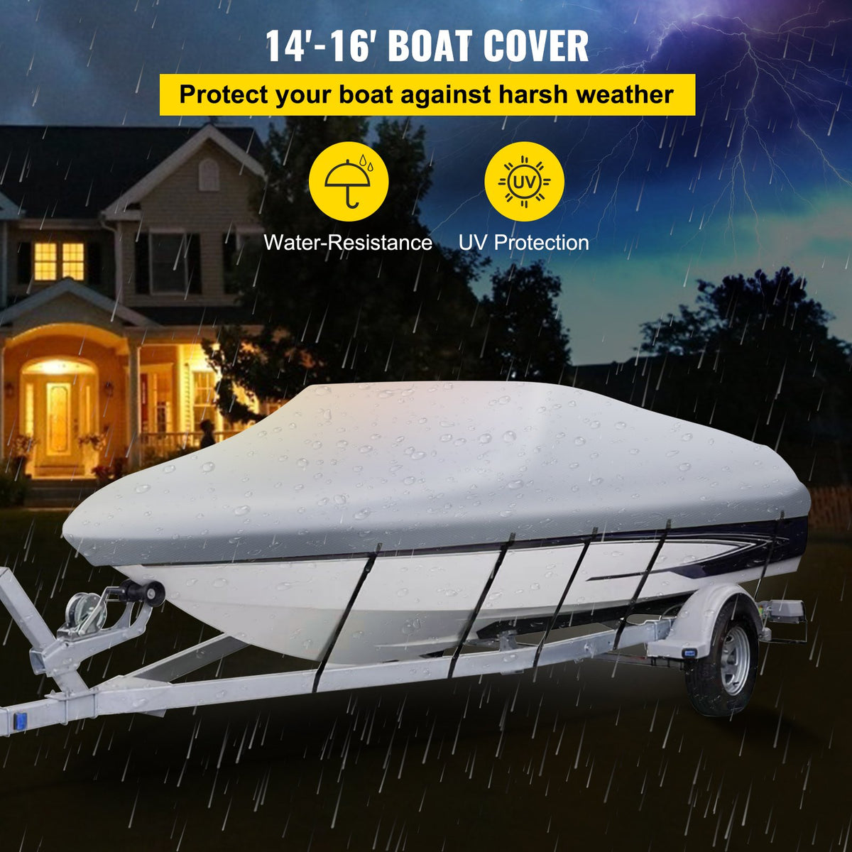 VEVOR Waterproof Boat Cover 426–488 cm for V-Hull Boats, Width up to 229 cm, 600D Polyester with 5 Tie-Down Straps