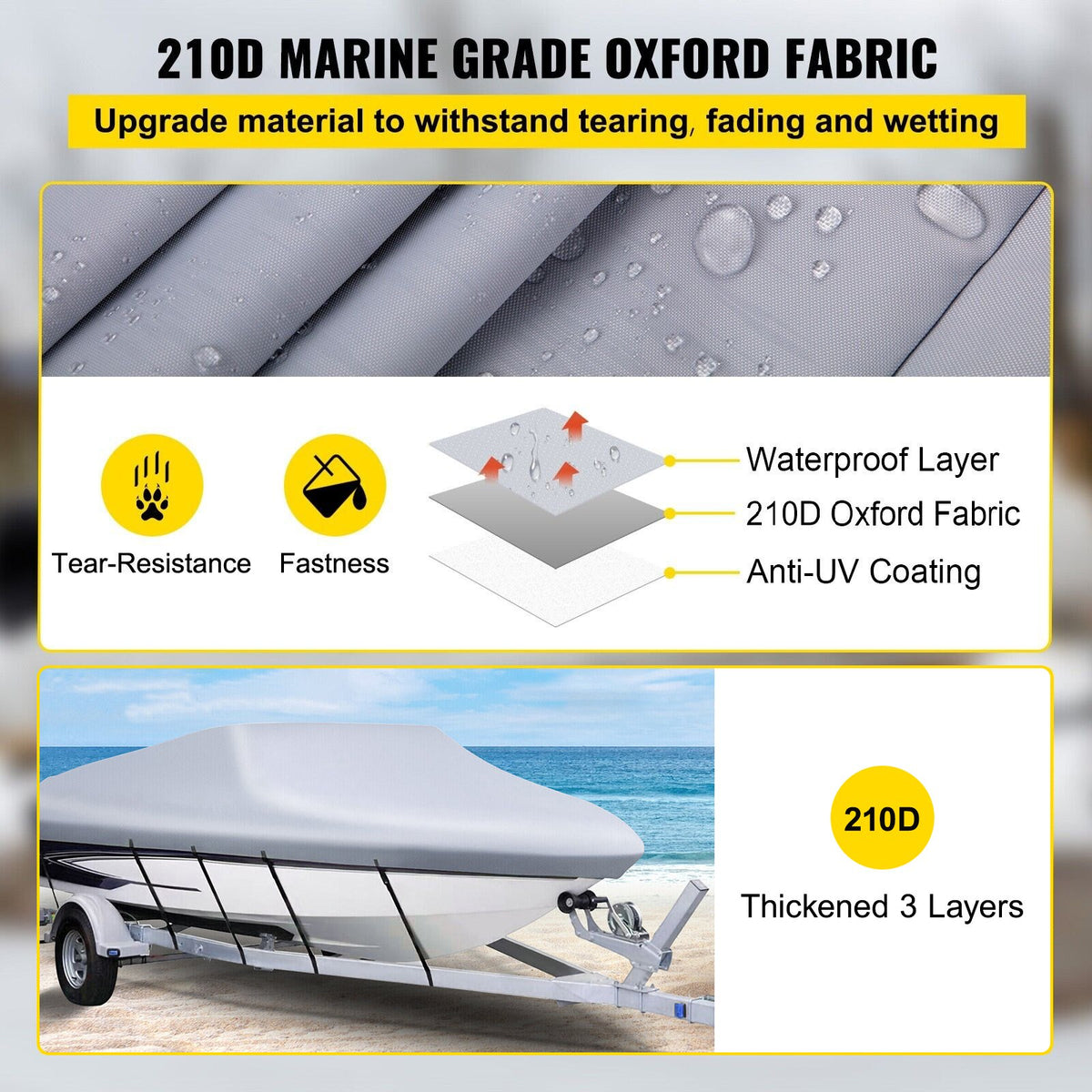 VEVOR Waterproof Boat Cover 426–488 cm for V-Hull Boats, Width up to 229 cm, 600D Polyester with 5 Tie-Down Straps