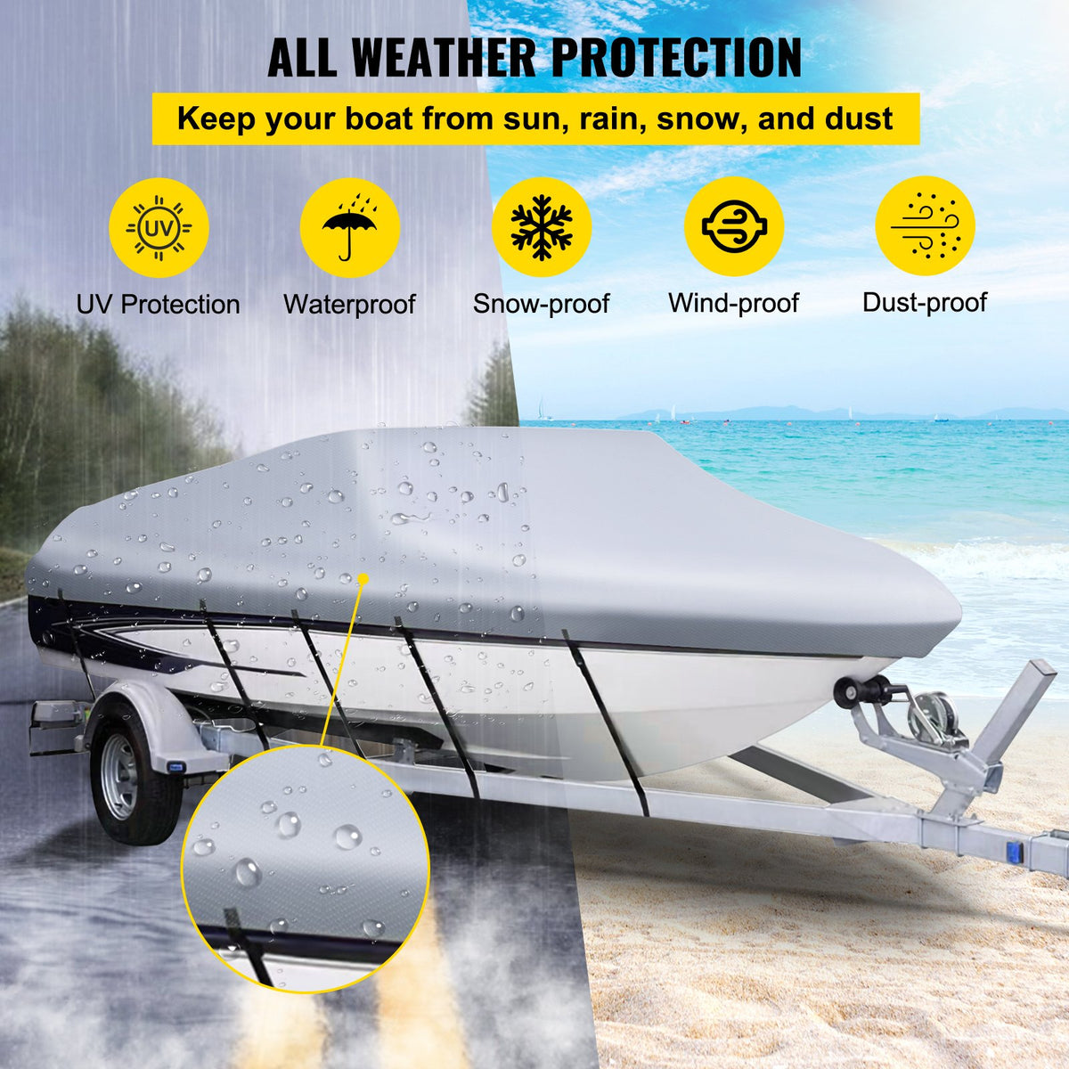 VEVOR Waterproof Boat Cover 426–488 cm for V-Hull Boats, Width up to 229 cm, 600D Polyester with 5 Tie-Down Straps
