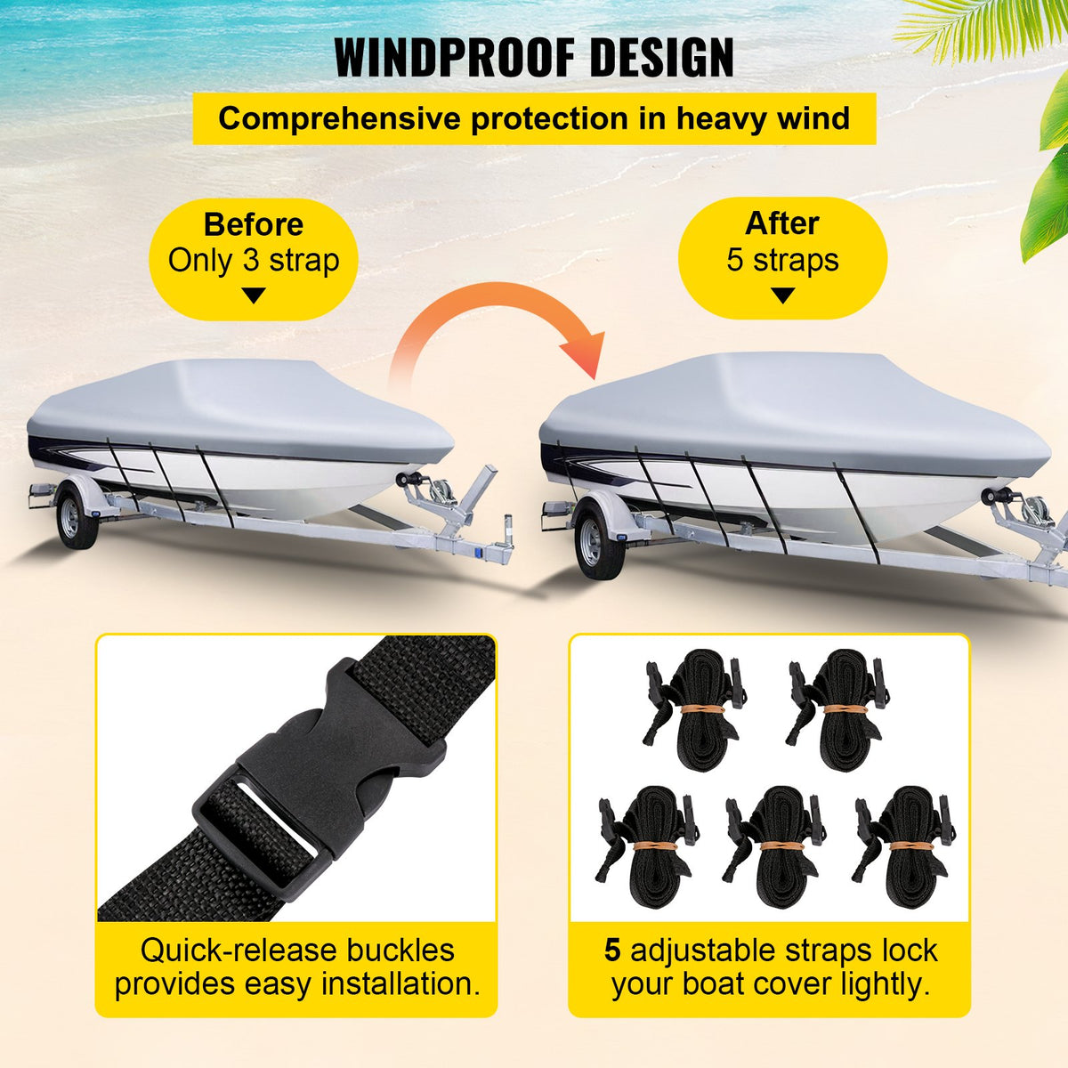 VEVOR Waterproof Boat Cover 426–488 cm for V-Hull Boats, Width up to 229 cm, 600D Polyester with 5 Tie-Down Straps