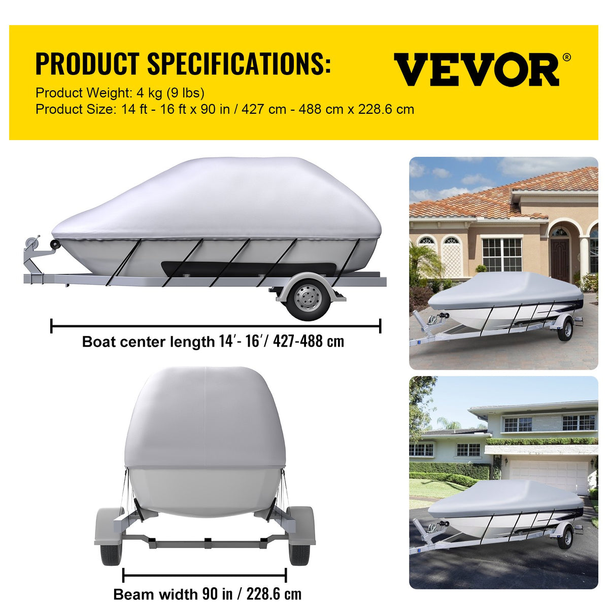 VEVOR Waterproof Boat Cover 426–488 cm for V-Hull Boats, Width up to 229 cm, 600D Polyester with 5 Tie-Down Straps