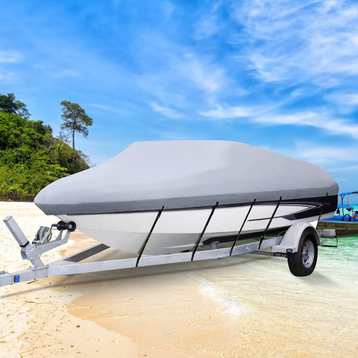 VEVOR Waterproof Boat Cover 426–488 cm for V-Hull Boats, Width up to 229 cm, 600D Polyester with 5 Tie-Down Straps