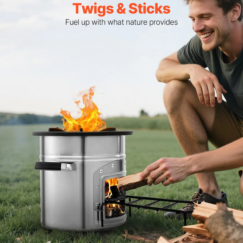 Kempinga raķešu krāsns, pārnēsājama malkas krāsns ar somu, nerūsējošais tērauds, vienas durvis, piemērota malkai un zariem