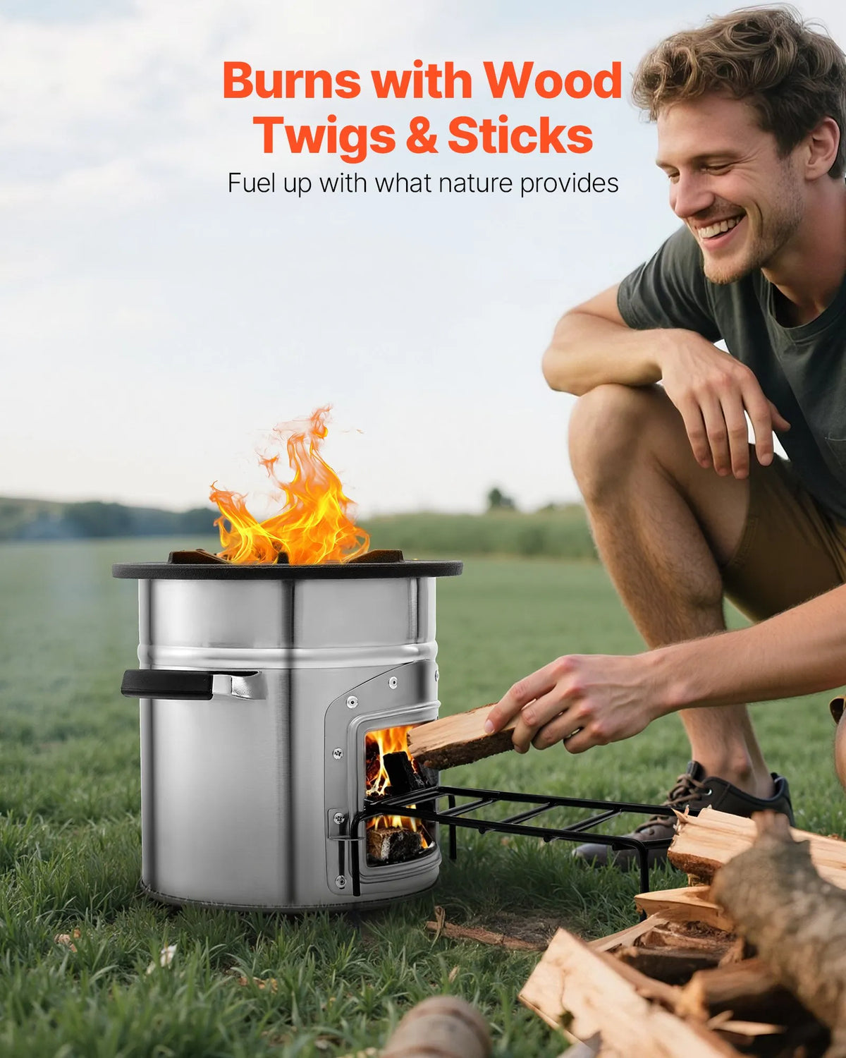 VEVOR Camping Rocket Stove, Portable Wood Burning Stove with Bag, Stainless Steel, Single Door, Suitable for Wood and Branches