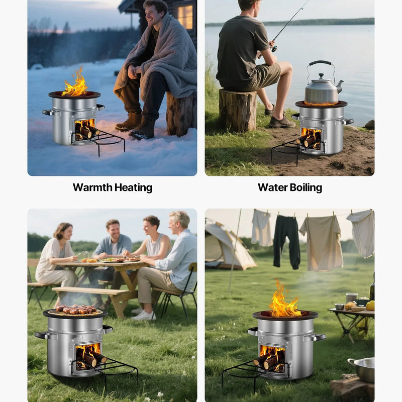 Kempinga raķešu krāsns, pārnēsājama malkas krāsns ar somu, nerūsējošais tērauds, vienas durvis, piemērota malkai un zariem