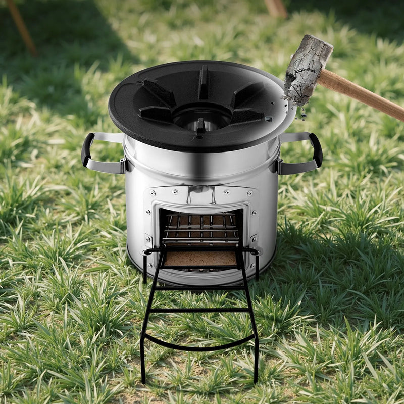 Kempinga raķešu krāsns, pārnēsājama malkas krāsns ar somu, nerūsējošais tērauds, vienas durvis, piemērota malkai un zariem