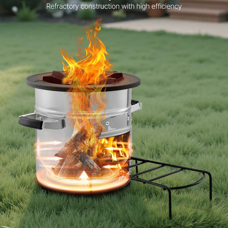 Kempinga raķešu krāsns, pārnēsājama malkas krāsns ar somu, nerūsējošais tērauds, vienas durvis, piemērota malkai un zariem