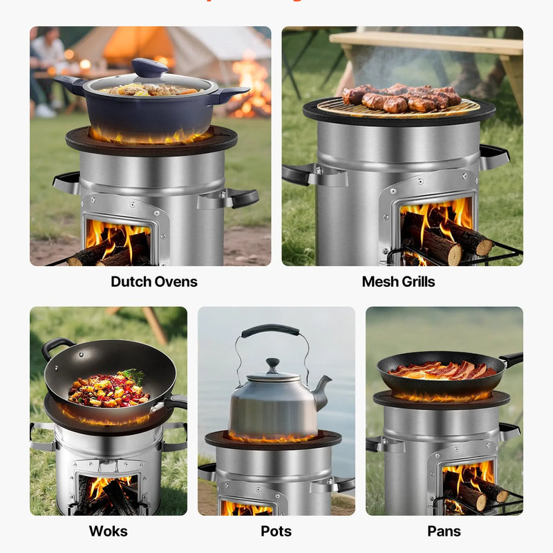 Kempinga raķešu krāsns, pārnēsājama malkas krāsns ar somu, nerūsējošais tērauds, vienas durvis, piemērota malkai un zariem