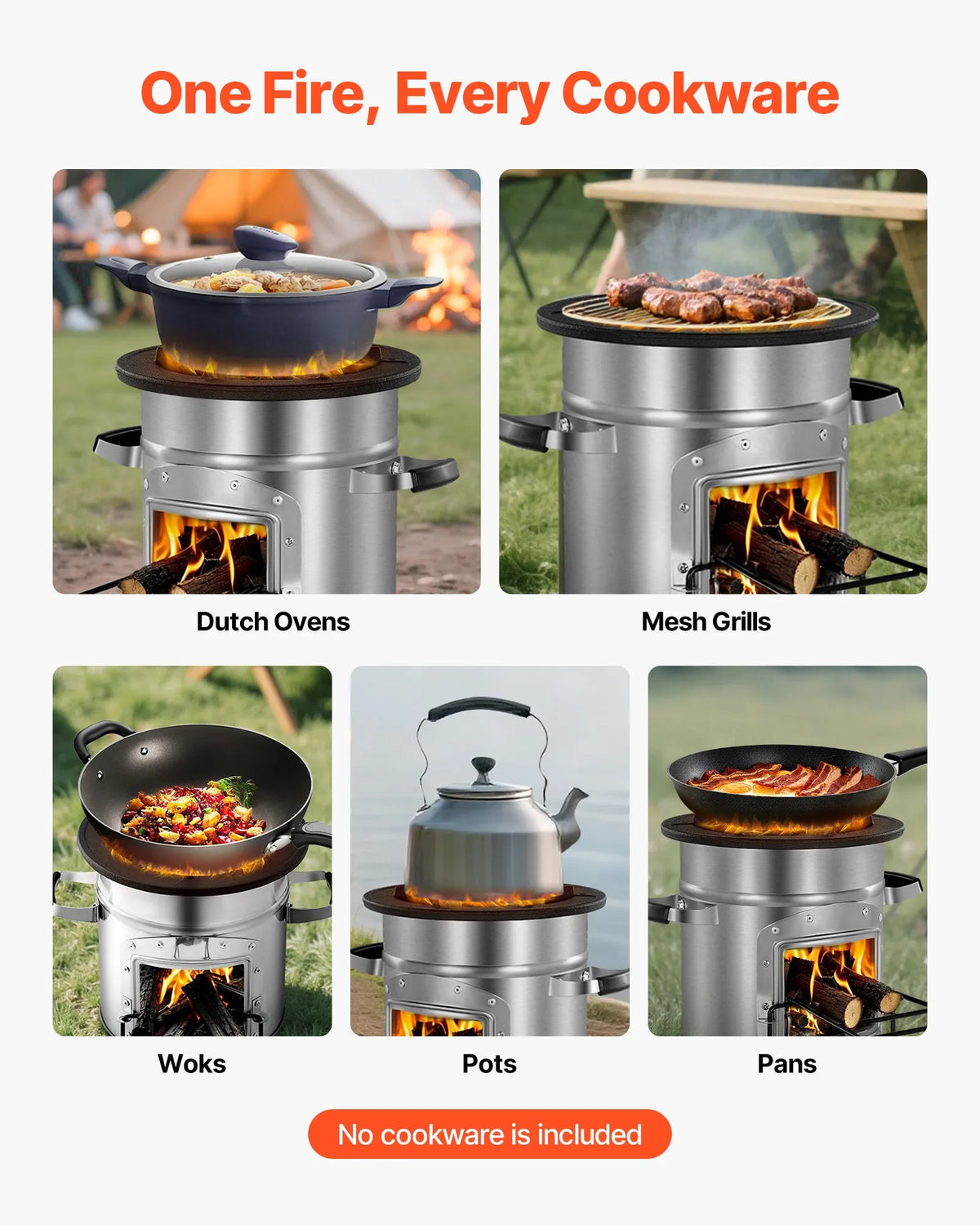 VEVOR Camping Rocket Stove, Portable Wood Burning Stove with Bag, Stainless Steel, Single Door, Suitable for Wood and Branches