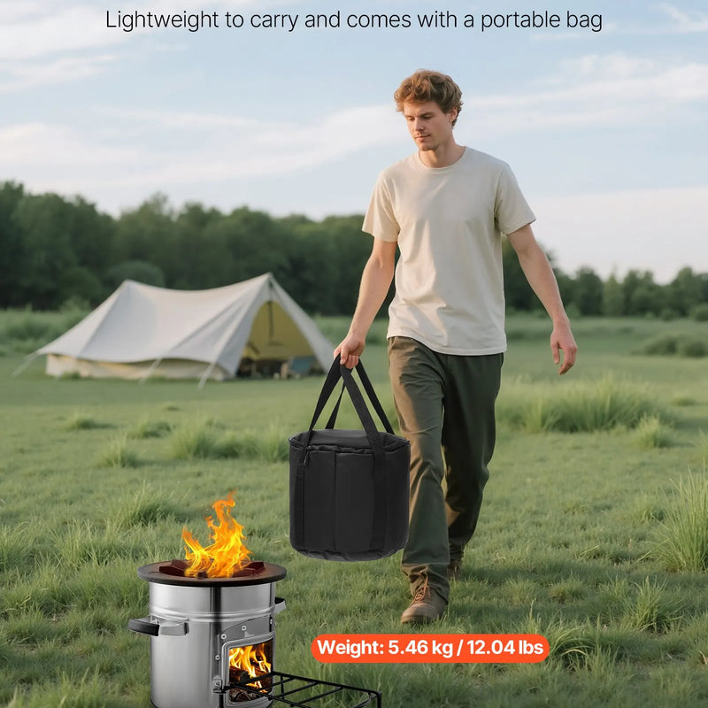 Kempinga raķešu krāsns, pārnēsājama malkas krāsns ar somu, nerūsējošais tērauds, vienas durvis, piemērota malkai un zariem